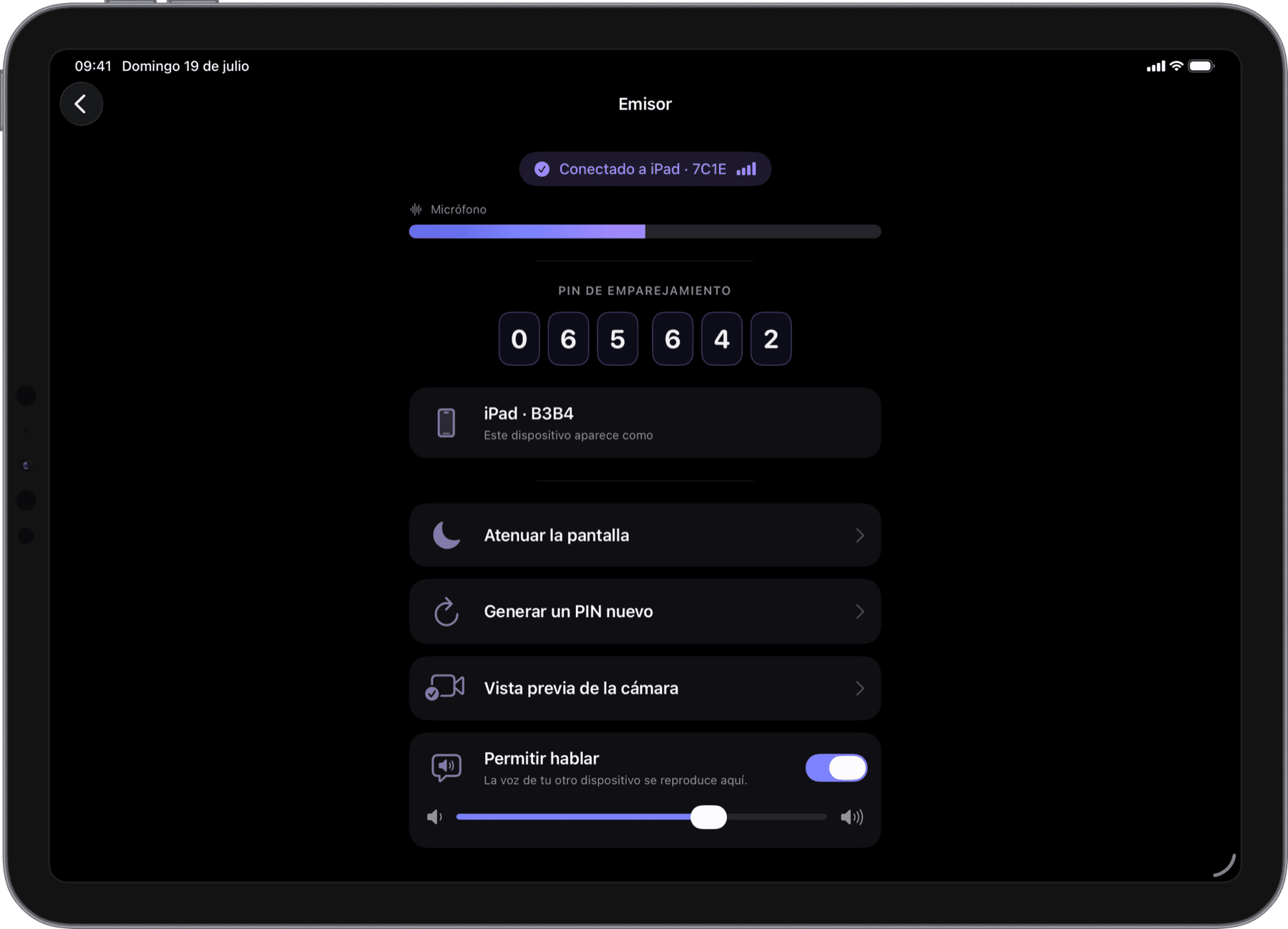 Unidad del bebé con controles de pantalla, PIN y vista previa de la cámara (iPad)