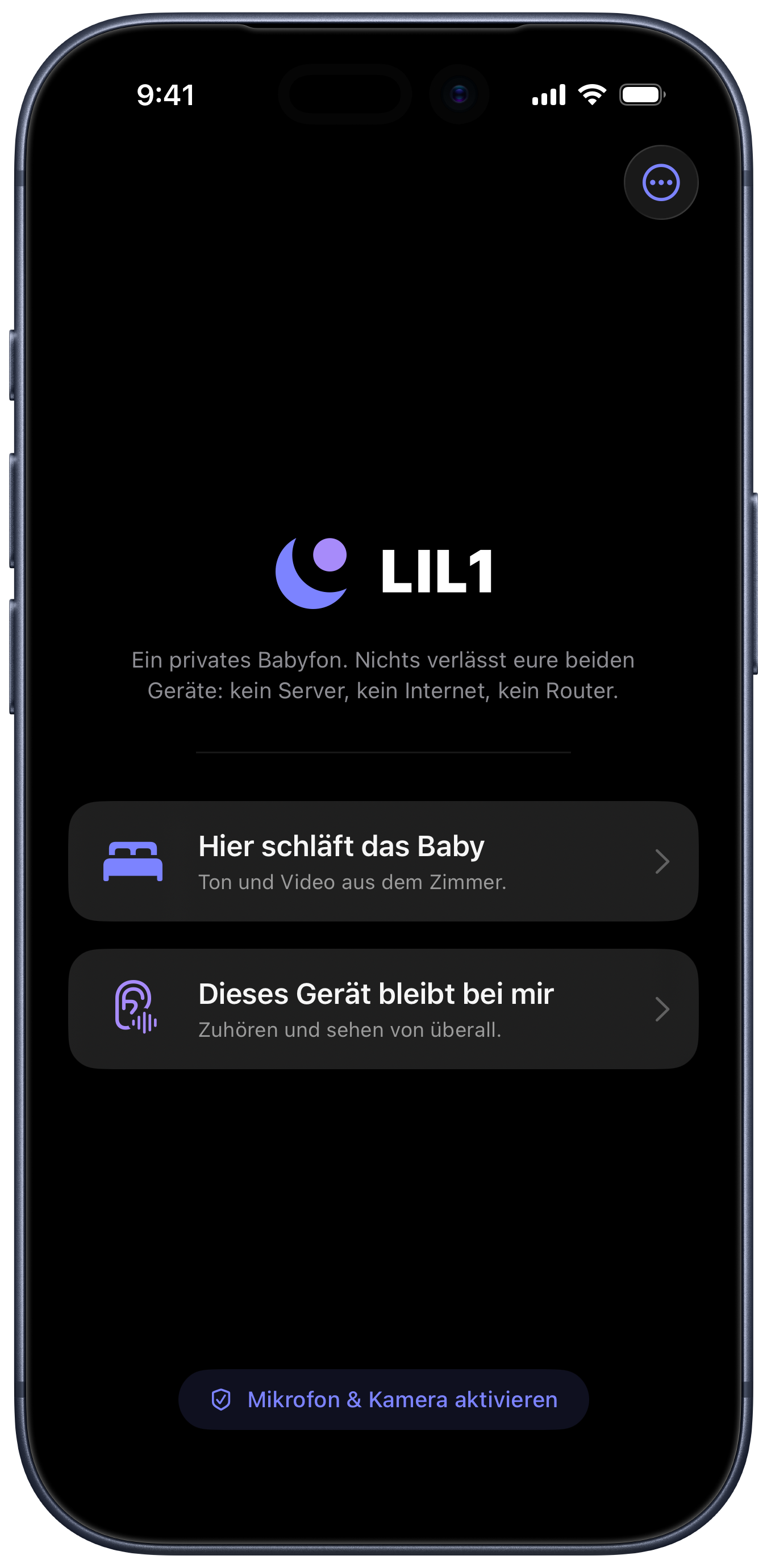 Startbildschirm von LIL1 auf dem iPhone, Auswahl zwischen Baby- und Elterngerät.