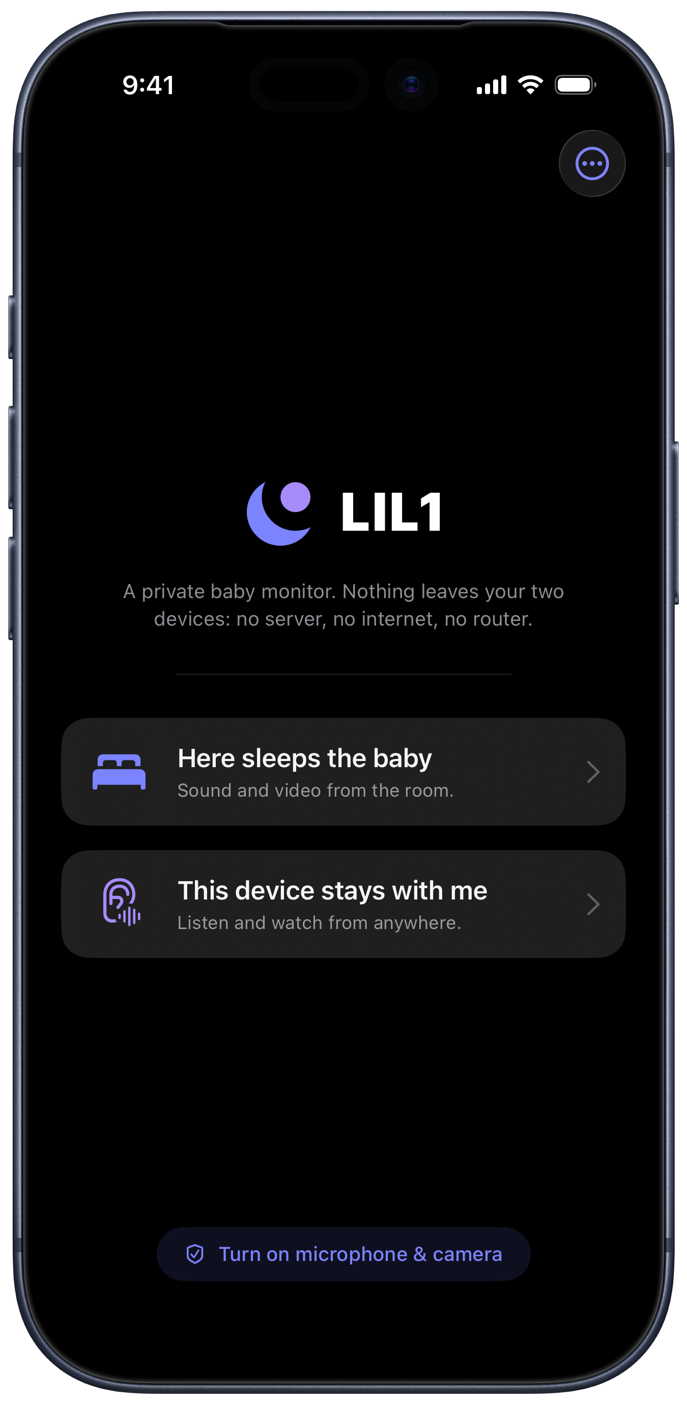 LIL1's start screen on iPhone, choosing between the baby and parent device.