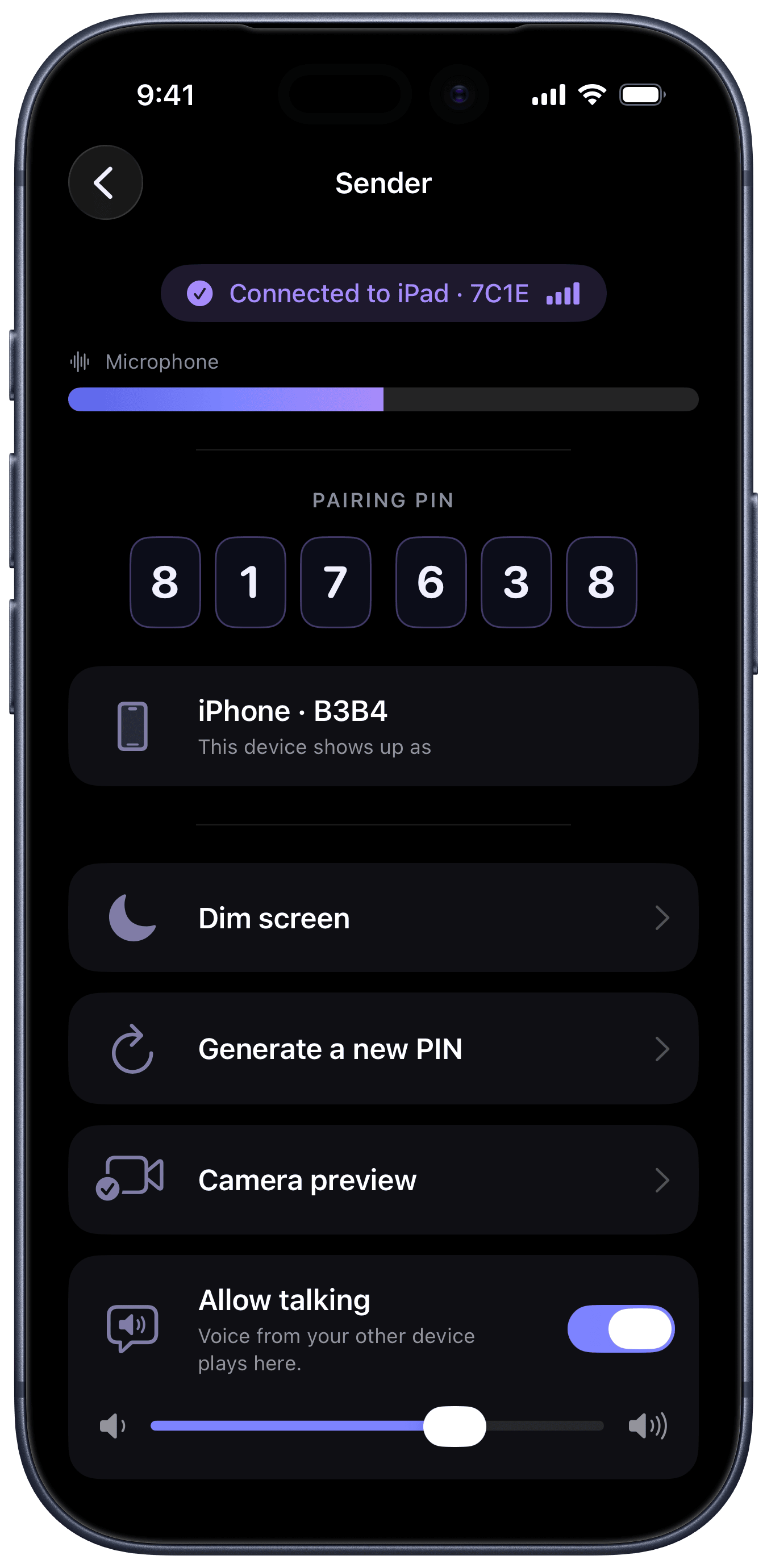 Baby unit screen with dim, PIN, and camera preview controls (iPhone)